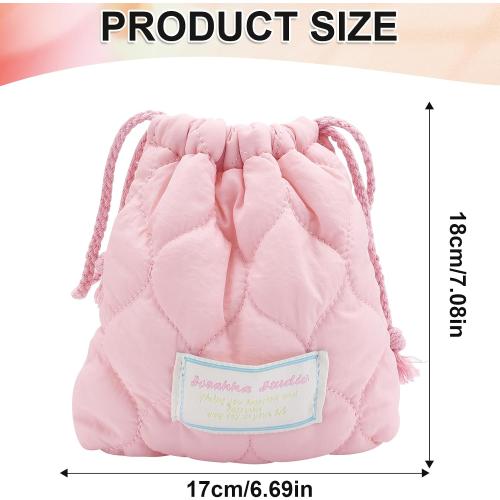 Cotton Quilted Drawstring Makeup Bag Small Cosmetic Bag Preppy Portable Toiletry Pouch for Purse Cute Pink Travel Organizer Bags Aesthetic Mini Storage Bags for Women Girls Kids Mama Gift