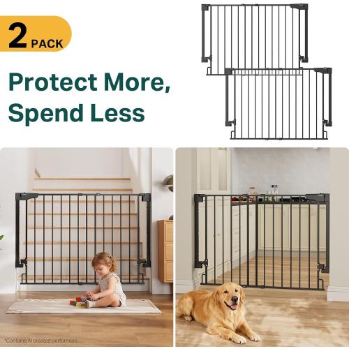 Cumbor 2 Pack 29.2-43 No Bottom Bar Baby & Dog Gate for Stairs & Doorways | 2-in-1 Auto Close Gates Indoor, Hardware Mounted Pet Gate with Large Walk Thru Door, Child-Proof Safety Gate for Kids (Black)