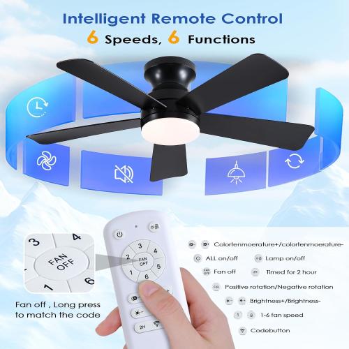 41 inch Ceiling Fans with Lights, Black Flush Mount Ceiling Fan with Remote, 3CCT, LED Dimmable, Reversible, 6 Fan Speeds, Quite Low Profile Ceiling Fan with Lights Modern Bedroom Kitchen Indoor