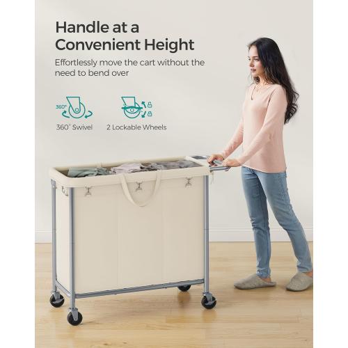 SONGMICS Laundry Basket with Wheels, 3-Section Rolling Laundry Hamper, 52.8 Gallons (200 L), Removable Liner, Steel Frame with Handle, 35.8 x 15.4 x 31.9 Inches, Cream White URLS005W01