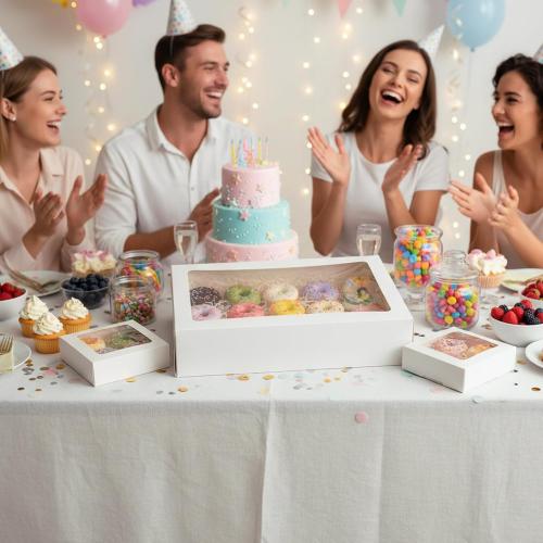 Moretoes 6pcs 19x14x4In Large Half Sheet Cake Boxes with Thick Cake Boards | Clear Window, White Rectangle Bakery Boxes for Cake Pastry Baking, Cupcake, Muffins, Pie