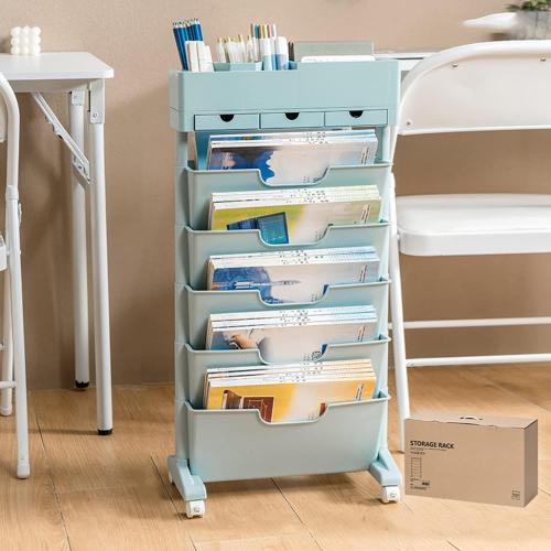 Movable Bookshelf with Wheels, 6 Tier Rolling Bookshelf Cart, Portable Bookshelf on Wheels, Moveable Bookshelf Cart for Kitchen Bathroom Bedroom Office, Mobile Book Shelf Organizer(Blue)