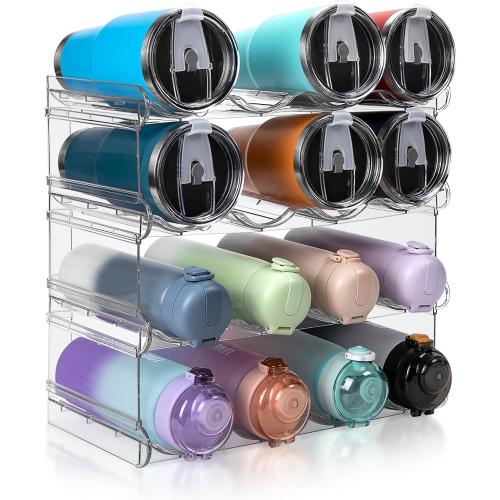 Stackable Water Bottle Organizer, Large Compartment Water Bottle Holder, 4 Tier Clear Water Bottle Organizer for Cabinet, Bottle Rack for Kitchen Organization and Storage - Hold 16 Bottles
