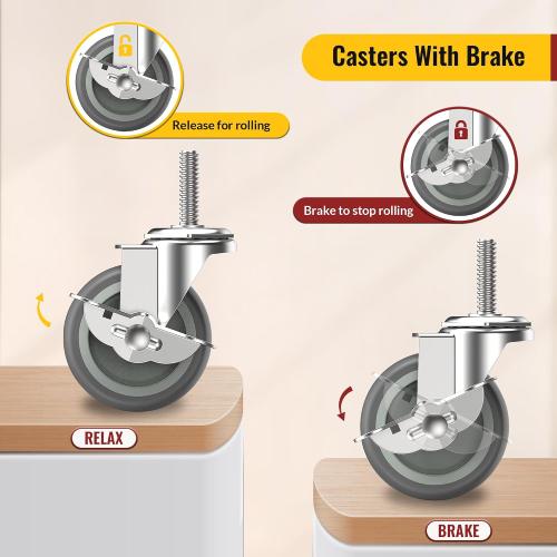 HOLKIE Caster Wheels 3 inch Locking Casters Set of 4, Threaded Stem 5/16 -18 x 1-1/2 (Diameter 5/16, Length 1-1/2) Swivel Heavy Duty Castors Gray