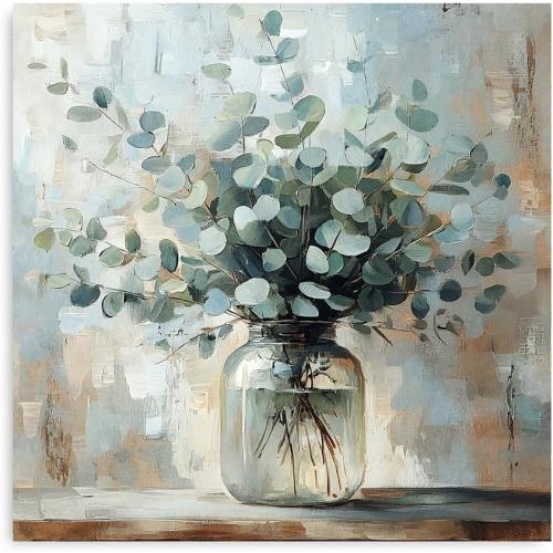 Serene Eucalyptus Wall Art - 12x12 Framed Sage Green Canvas with Mason Jar Botanical Design, Farmhouse Decor for Bathroom, Bedroom & Kitchen - Ready to Hang Calming Nature Print in Earth Tones