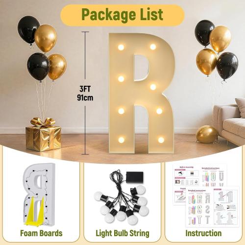 Mixifox 3FT Marquee Letters R, Large Light Up Letters 3 Feet Tall with Lights, Big Letter for Wedding, Engagement, Graduation, Birthday Party Decorations, Pre-Cut Foam Board Kit