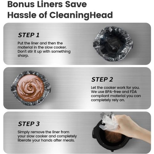 KOOC Small Slow Cooker, 0.65-Quart, Free Liners Included for Easy Clean-up, Upgraded Ceramic Pot, Nutrient Loss Reduction, Stainless Steel, Silver, Round