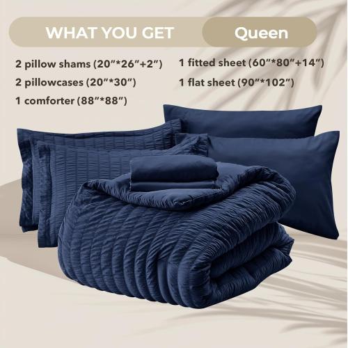 HYMOKEGE Navy Blue Queen Comforter Set Seersucker  All Season Luxury Bed in a Bag for Bedroom, Bedding Set with Comforters, Sheets, Pillowcases & Shams