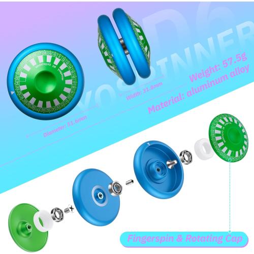 MAGICYOYO D6 Multifunctional Yoyo for Kids, Professional Finger Spin Yoyo with Responsive & Unresponsive Functions, Metal 2A Trick Yo-yo, Kids & Adults Friendly Gift Toy (Blue with Green Cap)