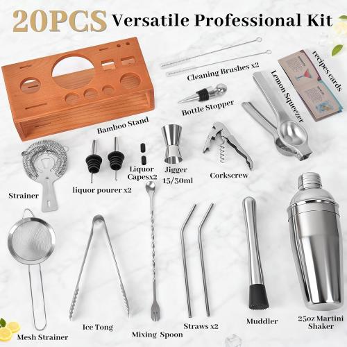 Vabaso 20-Piece Bartender Kit with Stand, Cocktail Shaker Set for Home Bar, 25oz Professional Stainless Steel Bar Tool Set with Cocktail Recipes Booklet, Christmas White Elephant Gifts for Adults Men