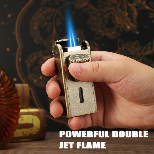Torch Lighter, All in One Jet Flame Butane Lighter Built-in Cutter, Punch, Holder Function, Refillable and Adjustable Windproof Gas Lighter, Gifts for Men. Golden(Sold Without Gas)