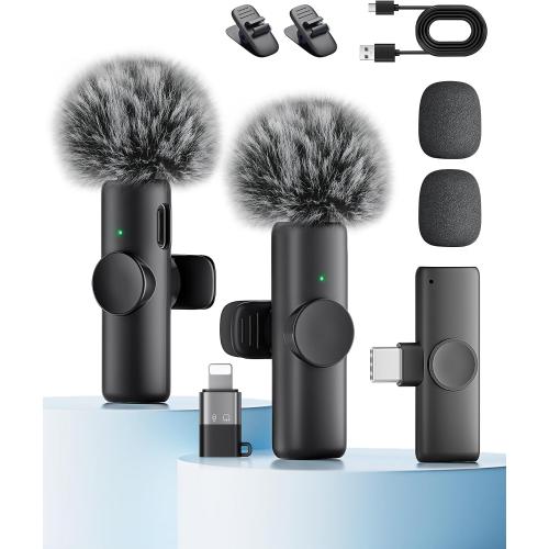 Wireless Microphone for iPhone iPad and Android Phone, 2 Pack Wireless Lavalier Lapel Mic with Noise Reduction, Plug and Play Mini Microphone for Video Recording Interview Podcast YouTube TikTok Vlog