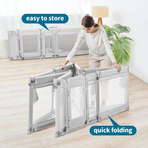 Sweeby Foldable Baby Playpen, Baby Gate Playpens for Babies and Toddlers 79x71 Extra Large Play Yard with Door Fence with Mat and Indoor Play Pen,Light Grey