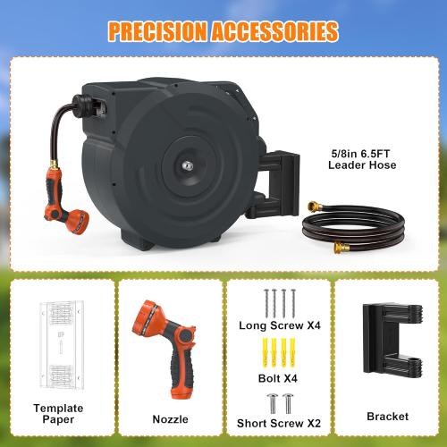 NEOTEC Retractable Garden Hose Reel 1/2 inch x 130ft - Wall Mounted Heavy Duty Hose Reel with 3/4 Inch Brass Fittings & 9-Pattern Nozzle - Auto Rewind System, Any Length Lock, 180° Swivel Bracket