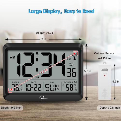 WallarGe Atomic Clock with Indoor Outdoor Temperature - 8.5'' Digital Clock Battery Operated, Self-Setting, 4 Time Zones, DST