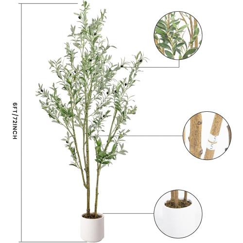 Artificial Fake Olive Tree 6FT Tall 1Pack with White Planter Faux Silk Olive Tree for Home Living Room Office Decor Faux Artificial Plants Indoor with Fruit & Free Moss