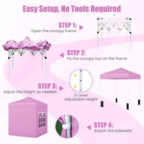 Tangkula 6.5x6.5 FT Pop Up Canopy, UPF50  Outdoor Canopy Tent with 2 Removable Sidewalls, 2 Zippered Doors, Heavy-Duty Carbon Steel Frame, Wheeled Bag, 4 Sandbags, 8 Stakes, 4 Wind Ropes (Pink)