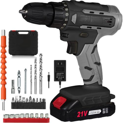 Black and Grey 21V Cordless Drill with 25 1 Torque, 30N.m, 3/8'' Keyless Chuck, LED Light, Battery and Charger(Gray)