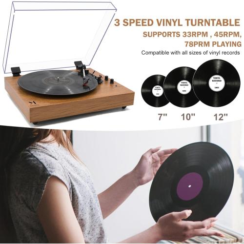 MPK Vintage Style 3 Speeds Wireless Input Record Player, Built-in Dual Premium Speakers,Belt Drive,RCA Output,Aux in,Fulll Size Platter Turntable, Yellow Wood