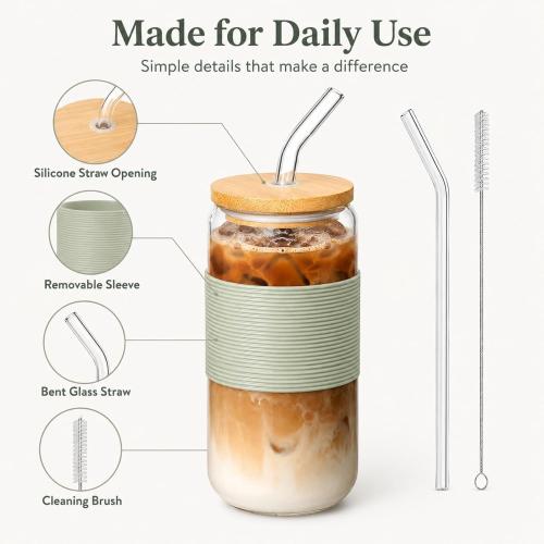Glass Cup with Lid and Straw, Iced Coffee Cup with Bamboo Lid, 16 oz Reusable Glass Tumbler with Sage Avocado Green Silicone Sleeve for Matcha Latte, Cold Brew and Milk Tea