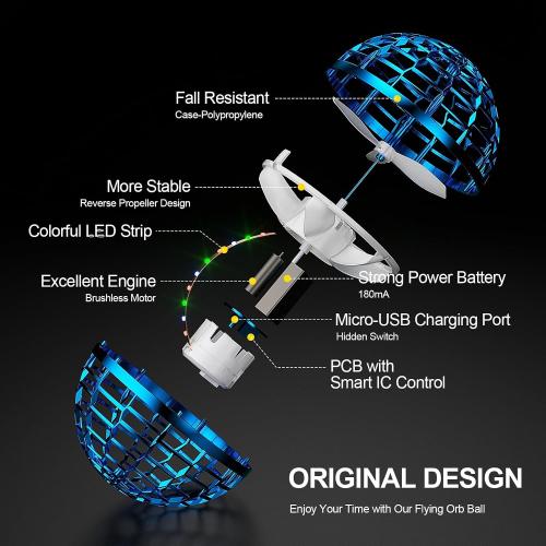 Flying Orb Ball 2025 Upgraded Hand Controlled Flying Spinner Ball with RGB Led Lights Boomerang Spinner 360°Rotating Soaring UFO Mini Orb Drone Toy Safe for Kids Adults(Blue)