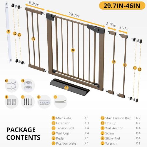 Cumbor 29.7-46 Baby Gate for Stairs, Mom's Choice Awards Winner-Auto Close Dog Gate for the House, Easy Install Pressure Mounted Pet Gates for Doorways, Easy Walk Thru Wide Safety Gate for Dog, Brown