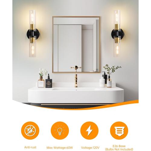 KSRYSZCQ Wall Sconces Set of Two Black and Gold Bathroom Wall Sconce with Clear Glass 15.75 Modern Wall Sconces for Bathroom Living Room Hallway Bedroom Kitchen