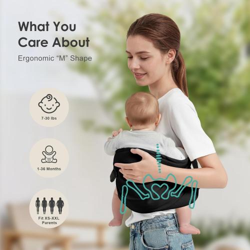 Baby Sling Carrier, Adjustable Baby Carrier Newborn to Toddler Carrier for 7-30lbs, Toddler Sling Carriers, Toddlers Hip Carriers, Black