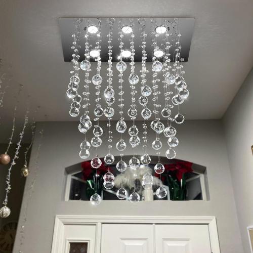 Glam Crystal Chandelier with Bulb Rain Drop Pendants Ceiling Light LED Lighting Rectangular Dining Room Light Fixture for Kitchen Island Dimmable LED Light
