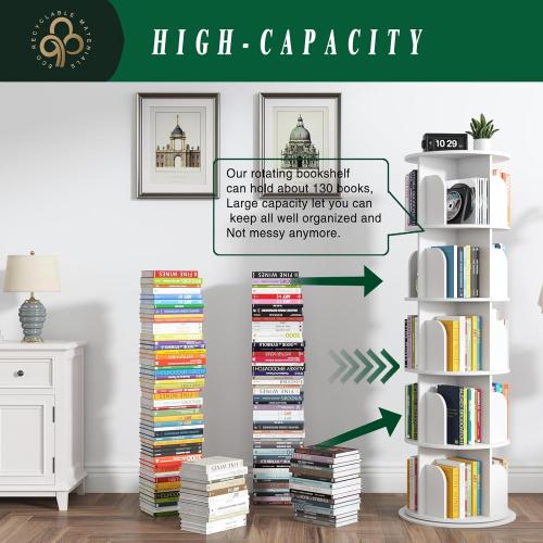 Rotating Bookshelf Tower 5 Tier,Spinning Bookcase, Revolving 360 Book Shelf Narrow Tall Bookcase, Vertical Turning Round storage Bookshelf ,Book Shelf Organizer for Bedroom, Living Room, White