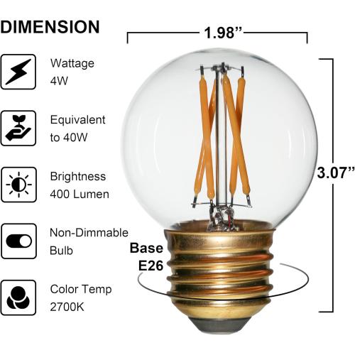 6 Pack G50 E26 Globe LED Light Bulbs Non-Dimmable, G16.5 Small Round Edison Bulb Equivalent 25W 40W Soft Warm White Light 2700K Clear Glass LED Filament Chandelier Ceiling Fan Replacement Bulbs