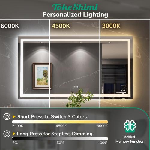 TokeShimi 24x30 LED Bathroom Mirror with Lights,Front Lit   Backlit,Anti-Fog LED Mirror for Bathroom,Stepless Dimmable 3-Color Light,Tempered Glass,Memory,UL Listed,Waterproof