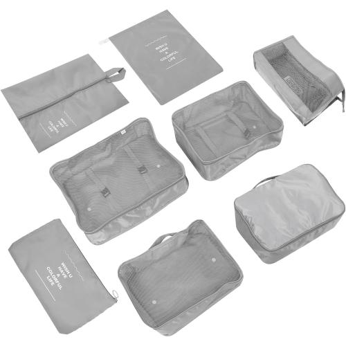 VILLCASE 8pcs Waterproof Travel Organizer Bag Set with Packing Cubes and Clothes Storage Pouches, Gray Fabric Suitcase Organizer for Luggage and Trip Packing