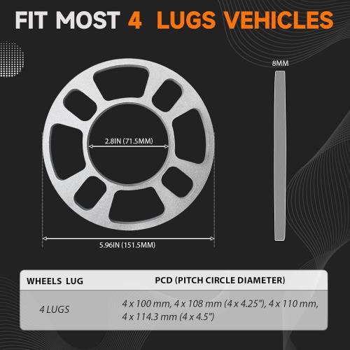 Set of 4 Pack Universal Wheel Spacers, 5/16 (8 mm) Die Cast Replacement Aluminum Spacer for 4 Lugs Wheels/Rims, Fits 100 to 114.3mm Multiple Bolts Pattern, 4x100, 4x108, 4x110, 4x114.3, 4x4.5