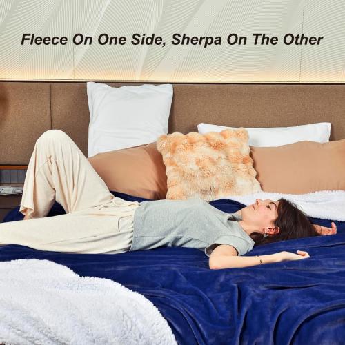 KAWAHOME Sherpa Fleece  Blanket for Bed - Extra Warm and Heavy Thick Blankets for Winter, Super Soft 500GSM Plush Blanket, Navy Blue