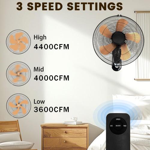 18 Inch Wall Mount Fan with Remote, 3-speed Wall Oscillating Quiet Fan with 5 Blades, Adjustable Tilt and Timing, High Velocity Wall-Mounted Fans for Bedroom, Gym, Office, Warehouse, Garage, Gold