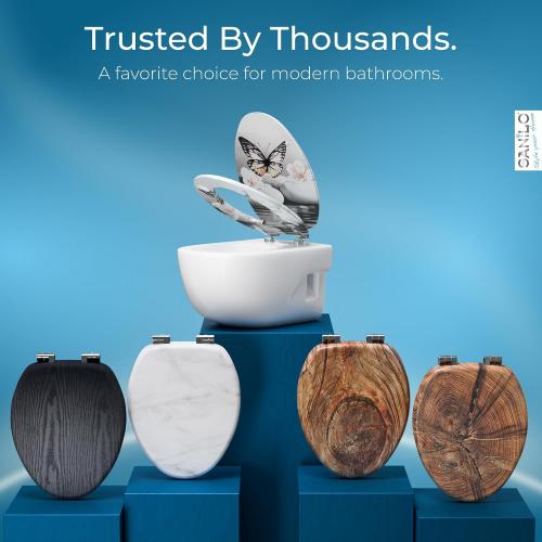 SANILO Wooden Toilet Seat with Soft Close [ELONGATED] - Decorative, Quiet & Slow Close Molded Wood Seat - With Strong Bumpers & Hinges - Adjustable Fit - Vanesa
