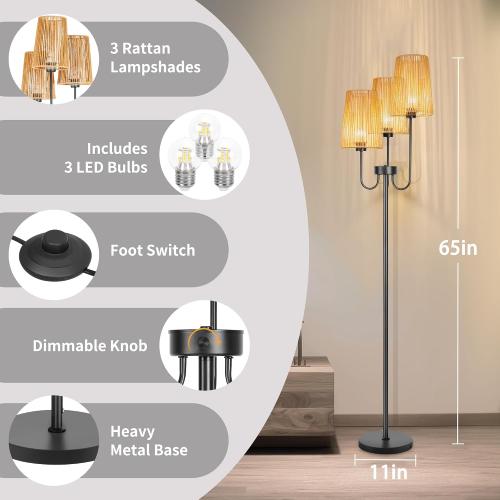 Boho Floor Lamp for Living Room, 3 Light Farmhouse Floor Lamps with Cage Rattan Shade & 7W LED Bulbs, Black Rustic Tree Standing Tall Lamp for Bedroom Corner,65,3 Color Temperature