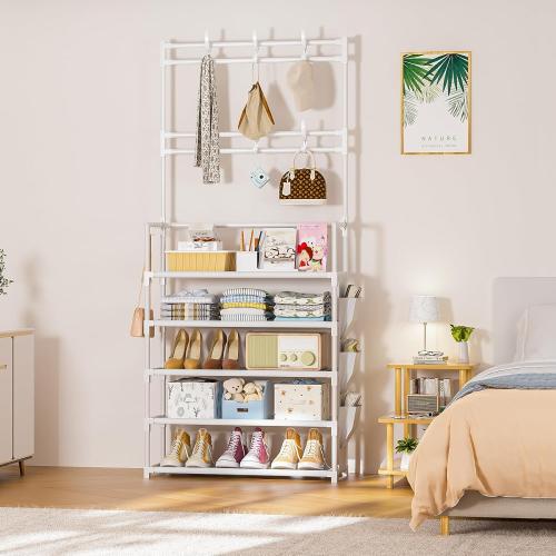 WHITE Shoe Rack 5 Tier Shoe Organizer Storage 15-20 Pairs Shoes Rack for Closet Entrance Shoe Rack Organizer with Hooks and Side Pocket Entryway Shoe Holder Space Saving Free Standing Shoe Racks