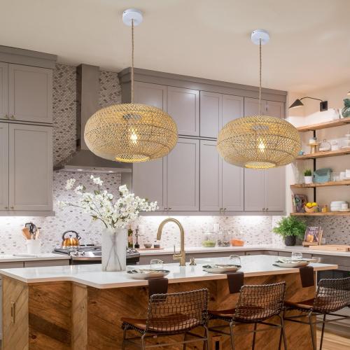 Rattan Pendant Light 16 1-Light Hand-Woven Hanging Light | Wicker Woven Basket Chandelier, Modern Bohemian, For Kitchen Island Foyer Farmhouse Porch