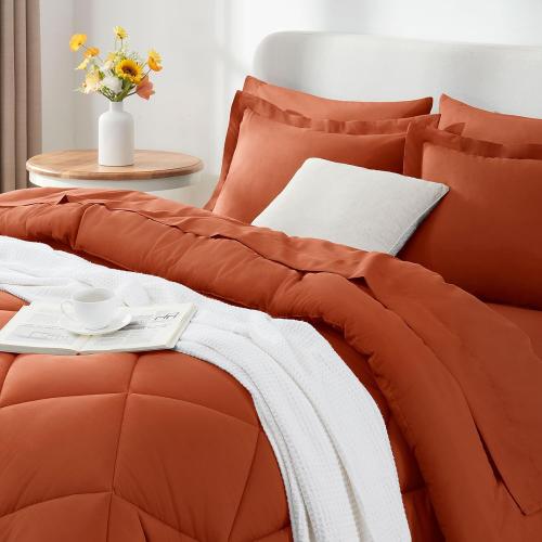 Size Super king Color burnt orange CozyLux  Comforter Set Burnt Orange - Bed in a Bag Size Luxury Soft Bed Set for All Seasons, Bedding Set with Down Alternative Comforter, Sheets, Pillowcases & Shams, Terracotta