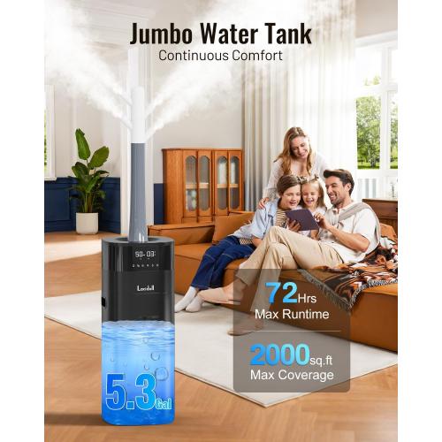 Cool and Warm Mist Humidifier Large Room, 5.3Gal/20L Humidifiers for Home 2000 sq ft, Whole House Humidifiers with Diffuser Extended Tube, Air Humidifier for Bedroom Nursery Baby Plants Black