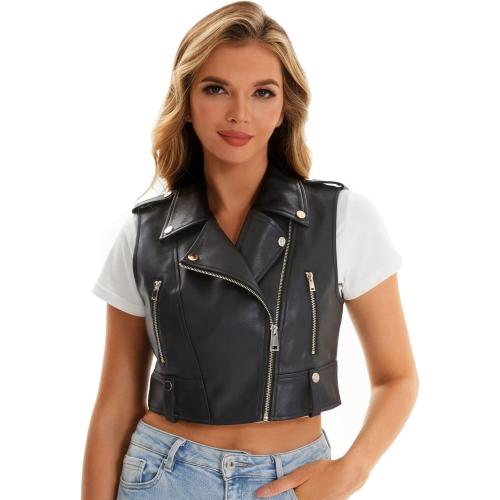 Faux Leather Vest For Women Small Zipper Cropped Sleeveless Biker Moto Slim PU Motorcycle Waistcoat