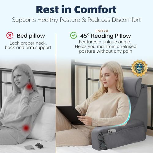 ENITYA 19 Back Support Pillow,Reading Pillow with Attached Arms & Large Pockets, Removable Washable Cover, Wedge for Sitting,Reclining,Watching TV,Post Surgery in Bed,Couch or Floor,Medium Firm,Grey