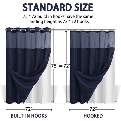 75x72 Navy Blue YellyHommy No Hook Shower Curtain with Snap in Liner Set Less Time Navy Blue Waffle Shower Curtain for Bathroom 75 L x 72 W