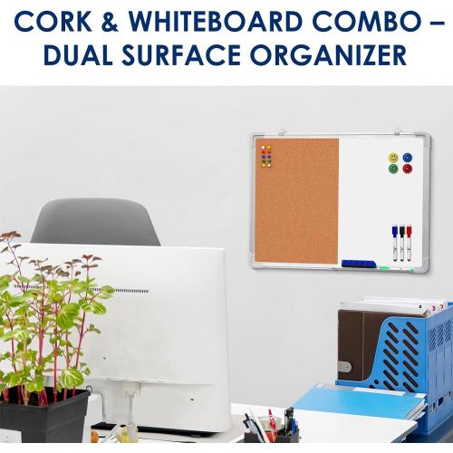 Combination Whiteboard Bulletin Board Set - 24 x 18 in Dry Erase/Cork Board with 1 Magnetic Dry Eraser, 4 Markers, 4 Magnets and 10 Thumb Tacks - Combo Tack Board White Board for Home Office Desk