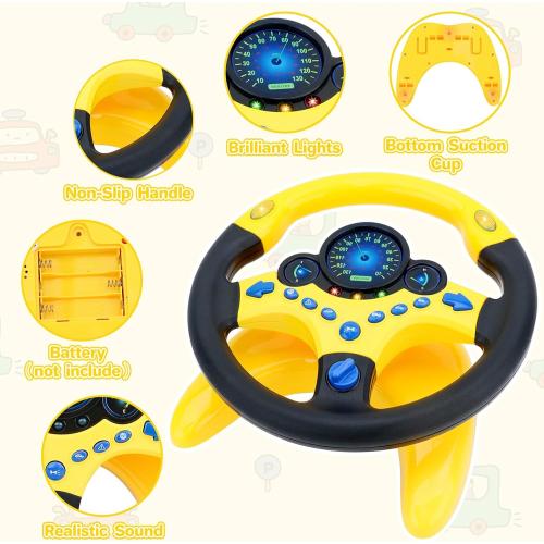 deAO Kids Steering Wheel for Backseat with Car Key Pretend Driving Simulated Driving Steering Wheel Toy with Light and Music Gifts for Kids (Yellow)