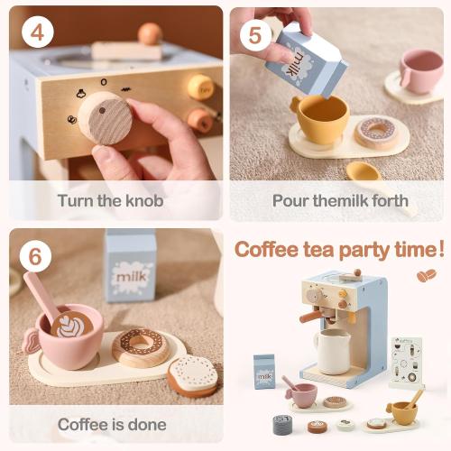 EERKEOD Toy Coffee Maker for Kids Wooden Kids Coffee Maker Playset for Toddlers Play Kitchen Accessories Gift for Girls and Boys