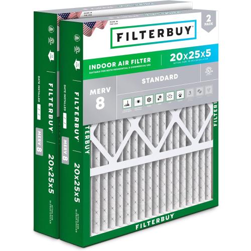 Filterbuy 20x25x5 Air Filter MERV 8 Dust Defense (2-Pack), Pleated HVAC AC Furnace Air Filters for Honeywell FC100A1037, Lennox X6673, Carrier, & More (Actual Size: 19.88 x 24.75 x 4.38 Inches).   (. See the pictures is new but one have little cut )