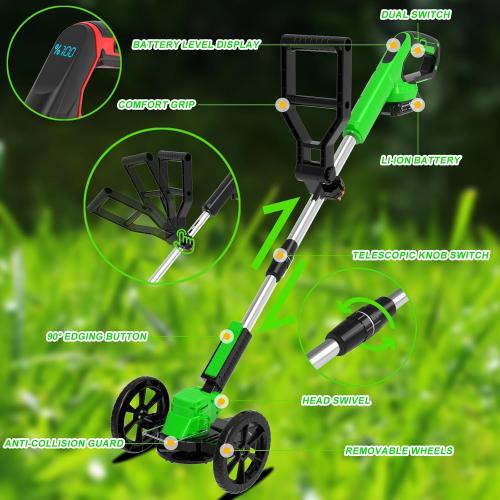 Color Green Electric Cordless Weed Wacker Eater Battery Powered, Lightweight No-String Weed Trimmer with 2 21V/2Ah Battery Operated&5 Types Blade&Wheels, Grass Trimmer/Edger Lawn Tool/Brush Cutter for Garden Yard
